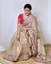 Elegant beige Embroidrred saree with disigner red blouse for wedding& festive