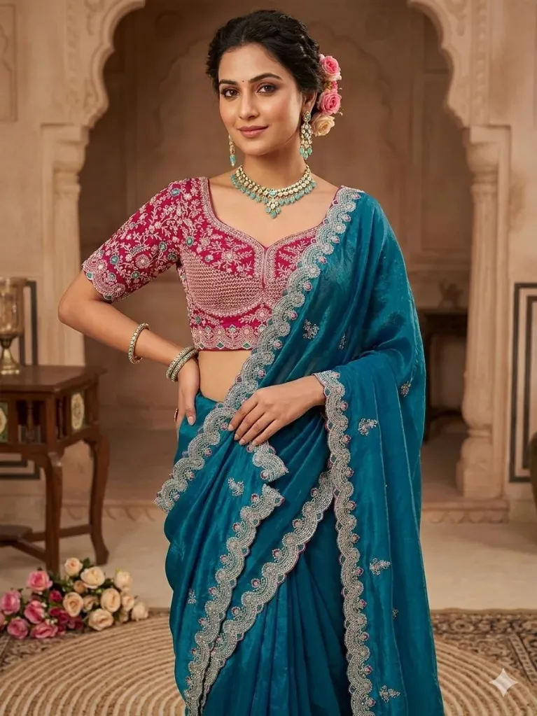 Elegant Teal Blue Designer Saree with Embroidered Border & Pink Blouse