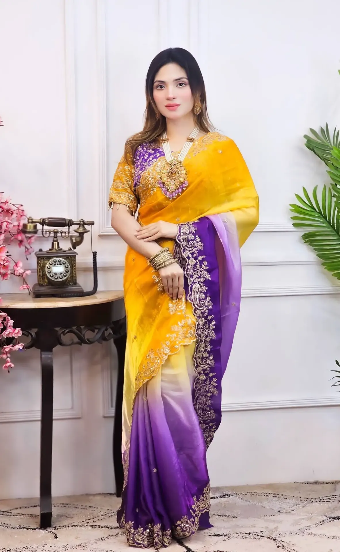 Royal Yellow & Purple Ombre Designer Saree with Embroidered Border